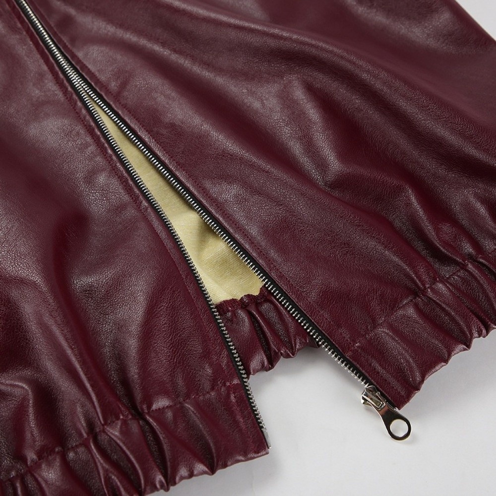 Motorcycle Gear Outfit - ヴィンテージPUレザージャケット ワインレッド スタンドカラー バイクコート マットシェル ジップ開閉