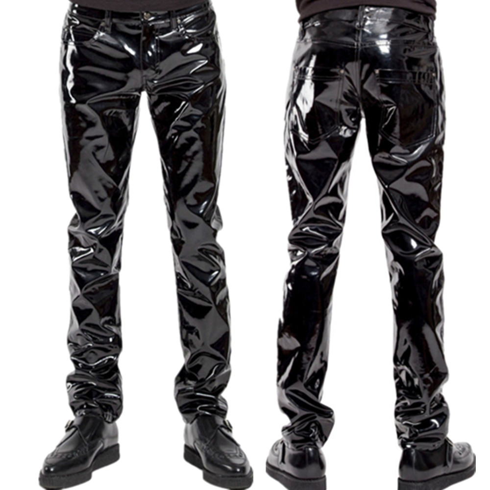 Motorcycle Gear Mens - 男性用の光沢のあるPVCラテックスパンツ,オートバイ用の黒いパンツ,フェイクレザー,乗馬,防水,バイカーモーター,男性用ストリートパンツ