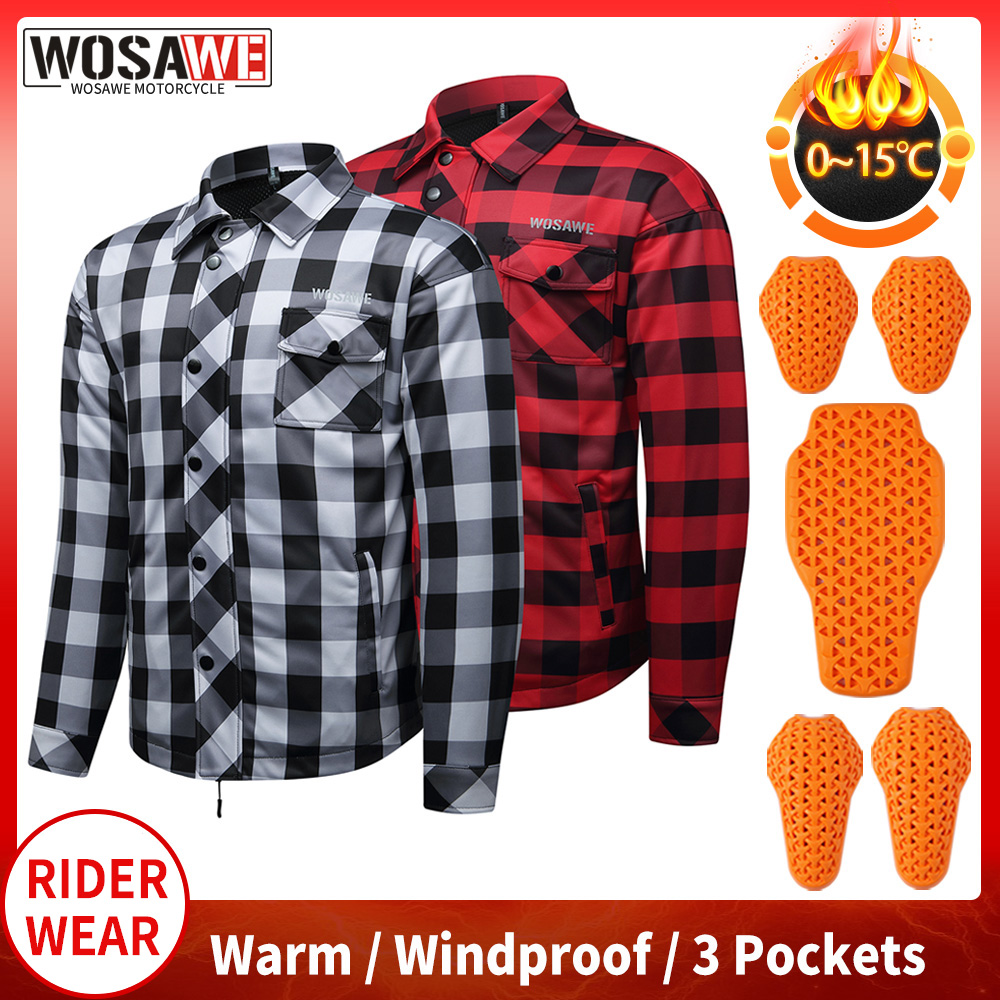 Motorcycle Gear For Winter - WOSAWE 暖かいオートバイジャケット冬モトクロスライディングコートソフトパッド付きギアレトロモトチェックシャツフリース裏地ジャケット