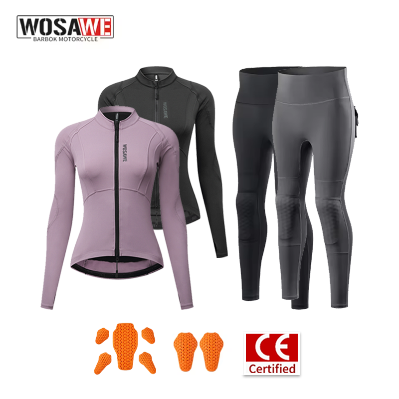 Motorcycle Gear Full Set - WOSAWE 女性用バイクライディングスーツ 夏用スリムジャケットパンツセット 取り外し可能なプロテクターパッド付き フルジップ バイカーギア